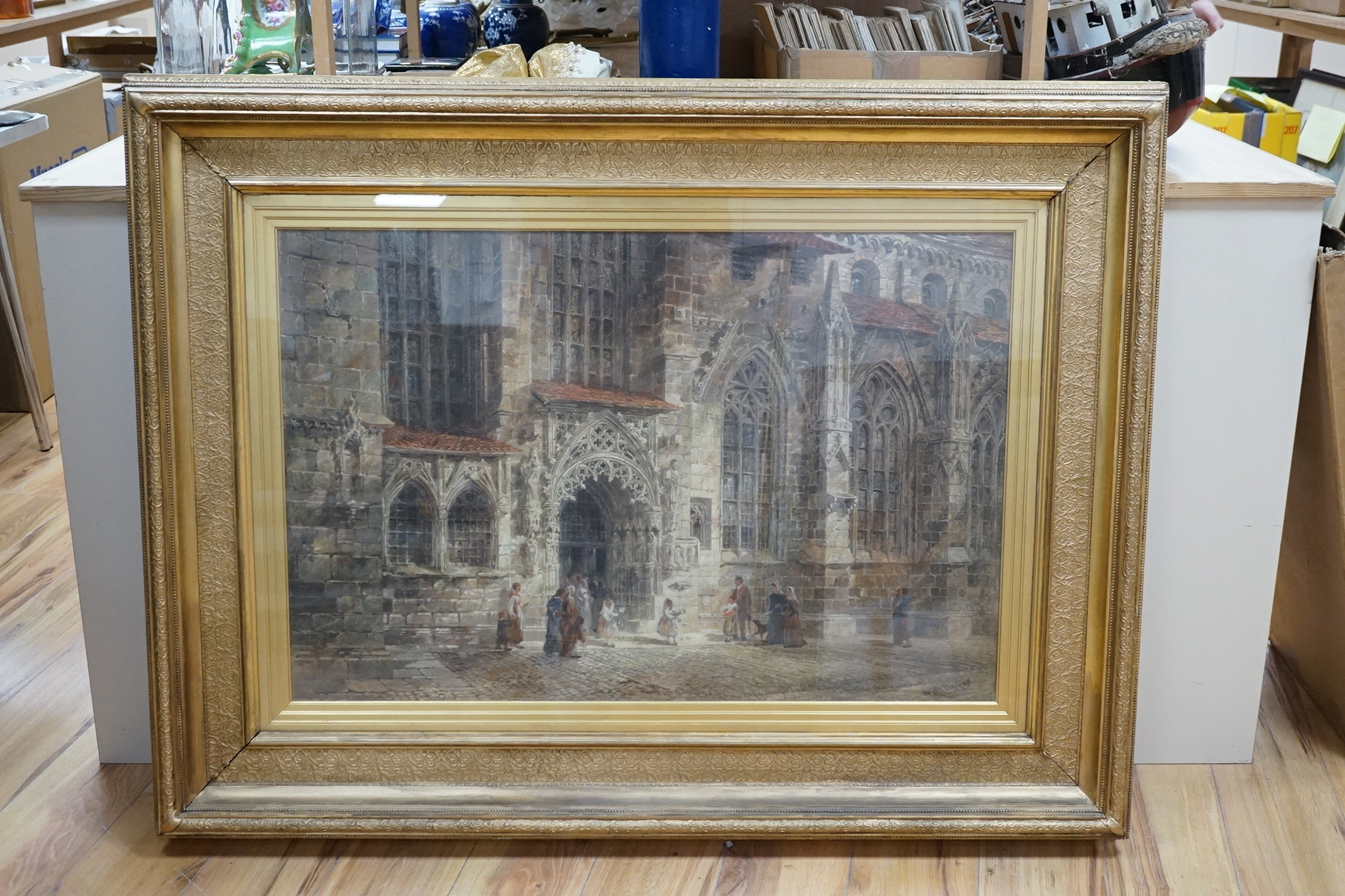 Wyke Bayliss (1835-1906), mixed media and oil, Cathedral exterior, signed, 58 x 88cm, ornate gilt frame. Condition - good